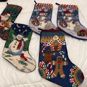 Needlepoint and hook Christmas Stockings. Five stockings. different patterns.